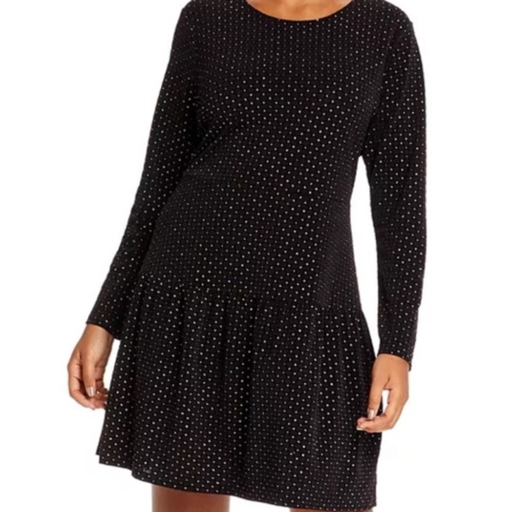 Michael Kors Black Gold Glitter Dot Long Sleeve Stretch Flounce Dress Size 1X